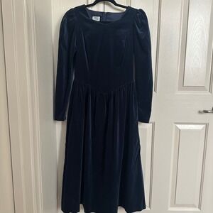 Vintage Laura Ashley‎ Navy Velvet Puff Sleeve Square Neck Midi Dress Made in GB
